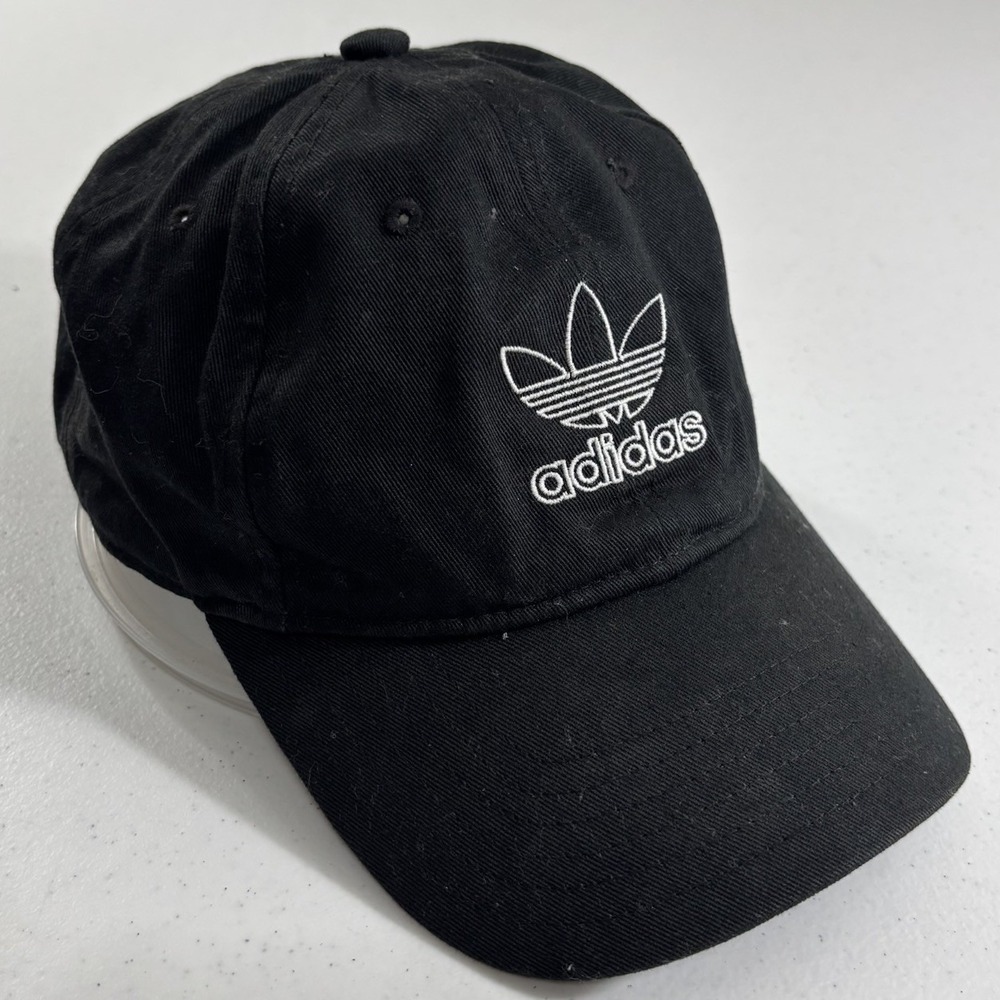 Adidas Black Strapback Dad Hat White Trefoil‎ Outline Logo 3 Stripes Adult GUC!